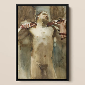 Study Male Nude Figure - John Singer Sargent Art Print / Canvas Framed Watercolor Painting Nude Male Figure Reddish-brown Hands John Singer