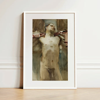 Study Male Nude Figure - John Singer Sargent Art Print / Canvas Framed Watercolor Painting Nude Male Figure Visible Brushstrokes John