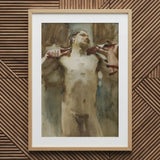 Study Male Nude Figure - John Singer Sargent Art Print / Canvas Watercolor Painting Reddish-brown Hands Framed Light, Prints