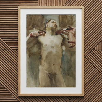 Study Male Nude Figure - John Singer Sargent Art Print / Canvas Watercolor Painting Reddish-brown Hands Framed Light, Prints