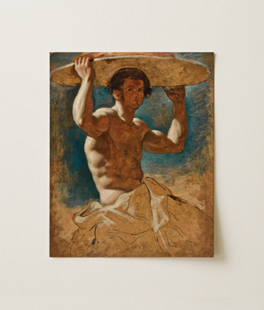 Study of a Male Nude - William Etty Art Print / Canvas Rustic Earth-toned Oil Painting Muscular Man Wide-brimmed Hat