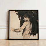 Black-framed Sketch Nude Male Figure Profile Rendered Ink Magnus Enckell, Naked Man, Reaches, Finnish Symbolist Generation, Three-quarter