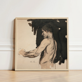 Framed Sketch Nude Male Figure Profile Rendered Soft Magnus Enckell, Naked Man, Reaches, Finnish Symbolist Generation, Three-quarter Rear
