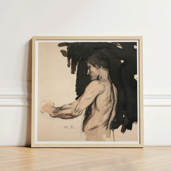 Framed Sketch Muscular Man Profile Rendered Soft Beige Magnus Enckell, Naked, Reaches, Finnish Symbolist Generation, Three-quarter Rear