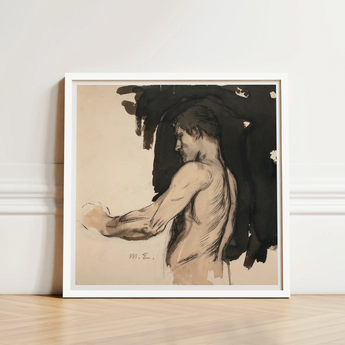 Framed Sketch Nude Male Figure Profile Rendered Soft Magnus Enckell, Naked Man, Reaches, Finnish Symbolist Generation, Three-quarter Rear