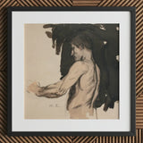Study of a Naked Man - Magnus Enckell Art Print / Canvas Black-framed Artwork Sketch Nude Male Figure Profile Rendered, Reaches, Finnish