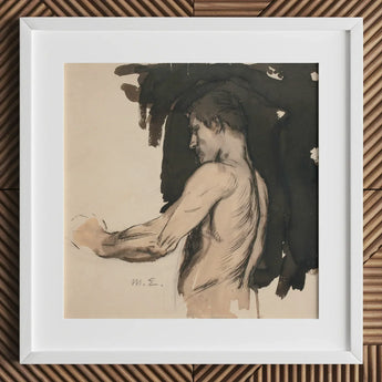 Study of a Naked Man - Magnus Enckell Art Print / Canvas Framed Ink Wash Sketch Nude Male Figure Profile, Reaches, Finnish Symbolist
