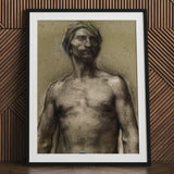 Study of Naked Man at the Turban - Georges Desvallieres Art Print / Canvas Charcoal Sketch Mustache Framed Black Torso Emerging, Streaked,