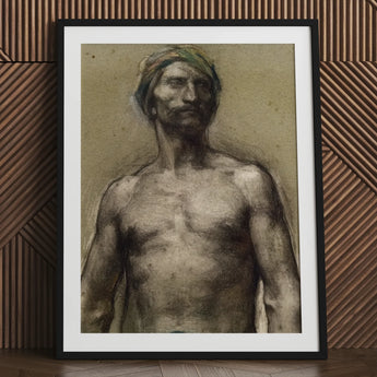 Study of Naked Man at the Turban - Georges Desvallieres Art Print / Canvas Charcoal Sketch Mustache Framed Black Torso Emerging, Streaked,
