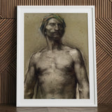 Study of Naked Man at the Turban - Georges Desvallieres Art Print / Canvas Charcoal Sketch Mustache Framed White Torso Emerging, Streaked,