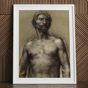 Study of Naked Man at the Turban - Georges Desvallieres Art Print / Canvas Charcoal Sketch Mustache Framed White Torso Emerging, Streaked,