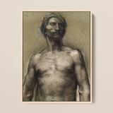 Study of Naked Man at the Turban - Georges Desvallieres Art Print / Canvas Framed Charcoal Sketch Muscular Bare-chested Green Headscarf