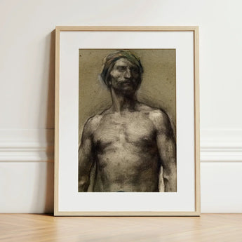 Study of Naked Man at the Turban - Georges Desvallieres Art Print / Canvas Framed Charcoal Sketch Muscular Bare-chested Headwrap Torso