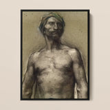 Study of Naked Man at the Turban - Georges Desvallieres Art Print / Canvas Framed Charcoal Sketch Muscular Bare-chested Turban-like