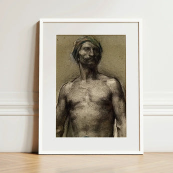 Study of Naked Man at the Turban - Georges Desvallieres Art Print / Canvas Framed Charcoal Sketch Muscular Headwrap Rendered Earthy Torso
