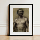 Study of Naked Man at the Turban - Georges Desvallieres Art Print / Canvas Framed Charcoal Sketch Muscular Headwrap Rendered Earthy Torso