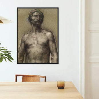 Study of Naked Man at the Turban - Georges Desvallieres Art Print / Canvas Framed Charcoal Sketch Nude Male Figure Textured Earth-toned