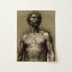 Study of Naked Man at the Turban - Georges Desvallieres Art Print / Canvas Sepia-toned Charcoal Sketch Shirtless Rendered Textured Torso