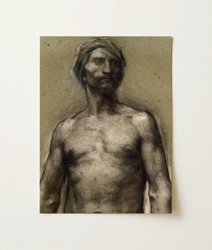 Sepia-toned Charcoal Sketch Shirtless Man Turban Rendered Textured Torso Emerging, Streaked, Chalk’s Grainy Density