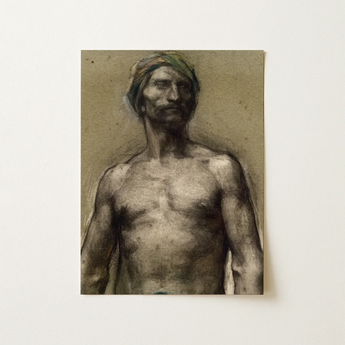 Study of Naked Man at the Turban - Georges Desvallieres Art Print / Canvas Sepia-toned Charcoal Sketch Shirtless Rendered Textured Torso