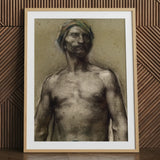 Study of Naked Man at the Turban - Georges Desvallieres Art Print / Canvas Wooden-framed Charcoal Sketch Mustache Torso Emerging, Streaked,