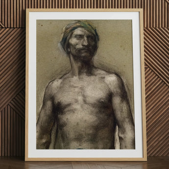 Study of Naked Man at the Turban - Georges Desvallieres Art Print / Canvas Wooden-framed Charcoal Sketch Mustache Torso Emerging, Streaked,