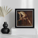Study of a Nude Man - Gustave Courbet Art Print / Canvas Framed Painting Male Figure Seated Wooden Stool Courbet’s, Naked Form, Capturing