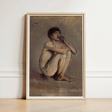 Study of a Seated Nude Young Man - Laszlo Mednyanszky Art Print / Canvas Framed Painting Contemplative Pose Rendered Soft, László