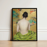 Study of Flesh and Gold - William Merritt Chase Art Print / Canvas Framed Painting Woman Vibrant Green Draped Garment Abstract, Enigmatic