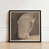 Framed Charcoal Sketch Classical Marble Bust Detailed Curls Plaster Head, Jan Veth’s Study, Opens, Chalk-white Highlight Tracing, Surface