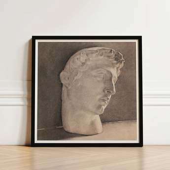 Framed Charcoal Sketch Classical Marble Bust Detailed Curls Plaster Head, Jan Veth’s Study, Opens, Chalk-white Highlight Tracing, Surface