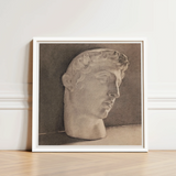 Framed Charcoal Sketch Classical Marble Bust Detailed Curls Plaster Head, Jan Veth’s Study, Opens, Chalk-white Highlight Tracing, Surface