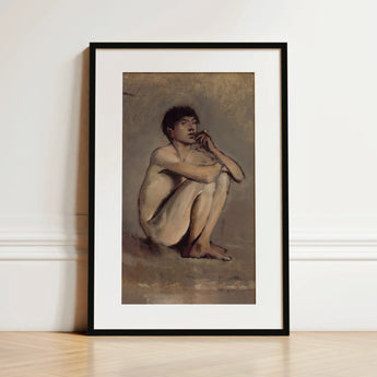 Study of a Seated Nude Young Man - Laszlo Mednyanszky Art Print / Canvas, 12x18’’ / 31x46cm / Black Frame / Matboard, Posters Prints &