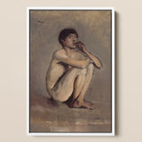 Study of a Seated Nude Young Man - Laszlo Mednyanszky Art Print / Canvas, 12x18’’ / 31x46cm / White Frame, Posters Prints & Visual Artwork,