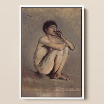 Study of a Seated Nude Young Man - Laszlo Mednyanszky Art Print / Canvas, 12x18’’ / 31x46cm / White Frame, Posters Prints & Visual Artwork,