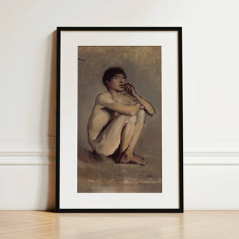Study of a Seated Nude Young Man - Laszlo Mednyanszky Art Print / Canvas Black-framed Art Print Nude Male Figure Earthy Tones Young Man,