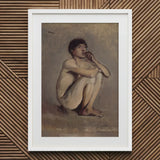 Study of a Seated Nude Young Man - Laszlo Mednyanszky Art Print / Canvas Framed Painting White Mat Male Figure Dark, László Mednyánszky’s,