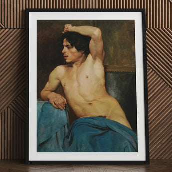 Study of a Semi Nude Male - Edouard Joseph Dantan Art Print / Canvas Black-framed Classical Painting Figure, Set, Dark Umber Wall Prints