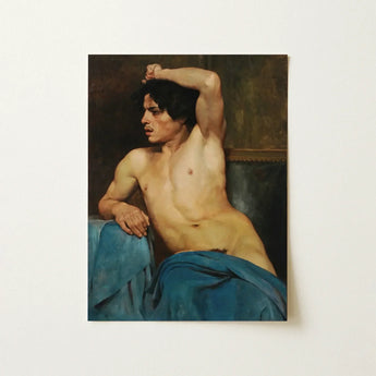 Study of a Semi Nude Male - Edouard Joseph Dantan Art Print / Canvas Classical Oil Painting Figure Dark Hair, Set, Umber Wall Prints