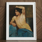 Study of a Semi Nude Male - Edouard Joseph Dantan Art Print / Canvas Framed Classical Painting Figure Draped Blue, Set, Dark Umber Wall