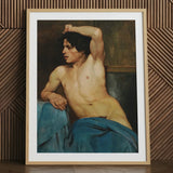 Study of a Semi Nude Male - Edouard Joseph Dantan Art Print / Canvas Framed Classical Painting Muscular Figure Draped, Set, Dark Umber Wall