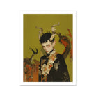 Baphomet’s Bastard - Gay Demon Art Print, Stylized Portrait Figure Horns Floral Adornments Yellow-green Background