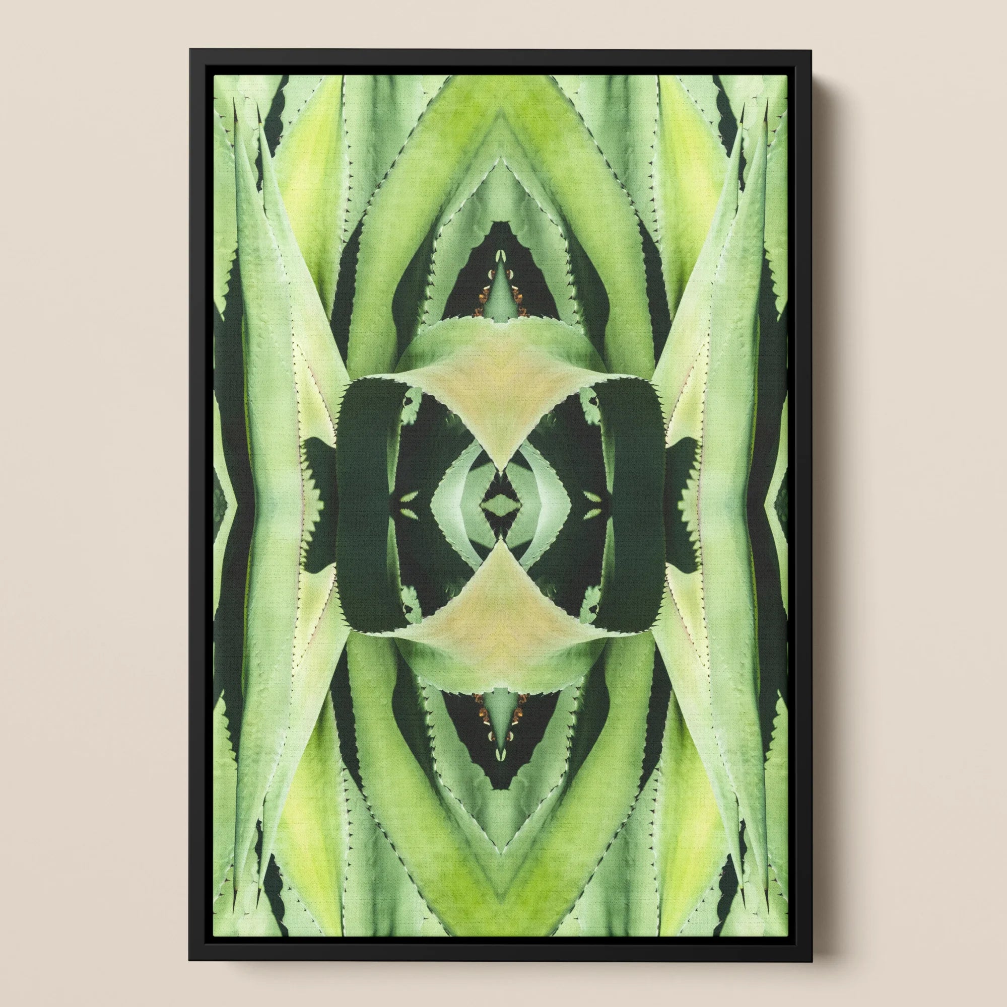 Oh so Succulent Trippy Botanical Framed Canvas, Abstract Symmetrical Pattern Stylized Plant Insect Shades Green