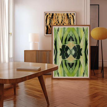 Oh so Succulent - Trippy Botanical Op Art Print, Abstract Green Black Artwork Wooden Frame Wall