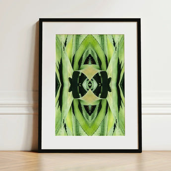 Oh so Succulent - Trippy Botanical Op Art Print / Canvas Framed Abstract Symmetrical Mirrored Green Black Humble Aloe Reborn, Modern,