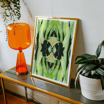 Oh so Succulent - Trippy Botanical Op Art Print, Framed Abstract Green Black Artwork Symmetrical Pattern