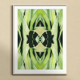 Oh so Succulent - Trippy Botanical Op Art Print, Symmetrical Green Kaleidoscopic Pattern Geometric Shapes White Frame