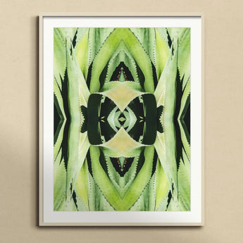 Oh so Succulent - Trippy Botanical Op Art Print, Symmetrical Green Kaleidoscopic Pattern Geometric Shapes White Frame