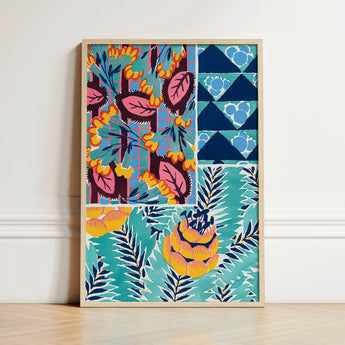 Vibrant Framed Art Print Patchwork Design Bold Floral, Roaring Twenties, Suggestions Pour