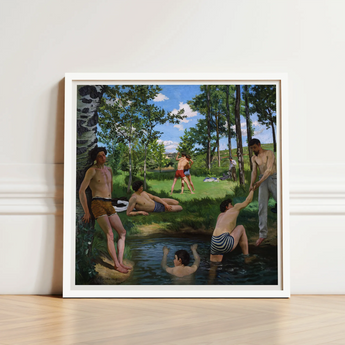 Summer Scene - Jean Frederic Bazille Art Print / Canvas White-framed Painting Group Men Swim Trunks Sunny Day, Ochre Clinging Prints